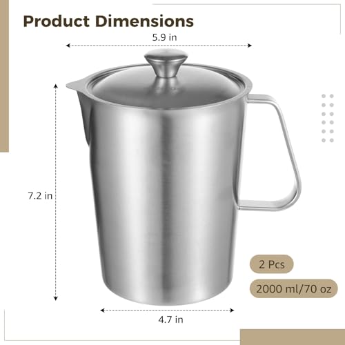 2 Pcs Stainless Steel Pitchers with Lids, 70 oz Measuring Cups with Dual-Scale Markings, Milk Frothing Jugs, Large Beakers for Espresso Machine, Hot/Cold Water, Latte Art, Iced Tea