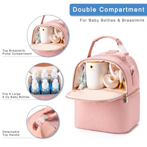Breastmilk Cooler Bag with Ice Pack & Mat Fit 6 Bottles Up to 9 Ounce, Breast Milk Pump Cooler Bag for Moms Daycare,Work&Travel, Pink - color: Pink
