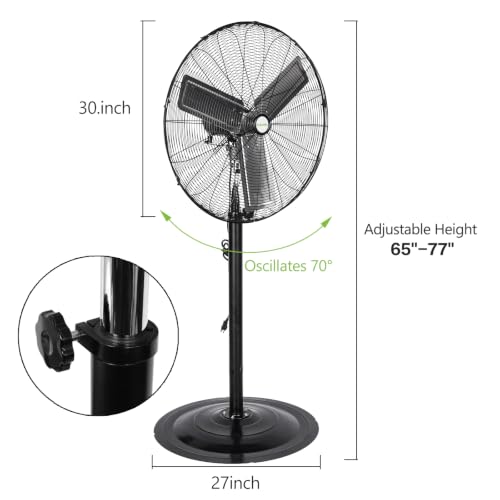 hykolity 30" 8900 CFM High-Velocity Industrial Pedestal Fan, 3-Speed Heavy Duty Oscillating Stand Fan with Aluminum Blades and Adjustable Height, Metal Shop Fan for Commercial, Warehouse, and Garage