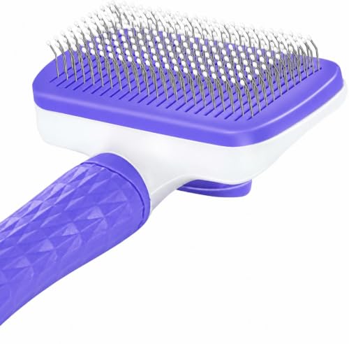 Pet Grooming Brush for Cats & Dogs, Self-Cleaning Undercoat Deshedding & Massage Tool, Purple - color: Purple