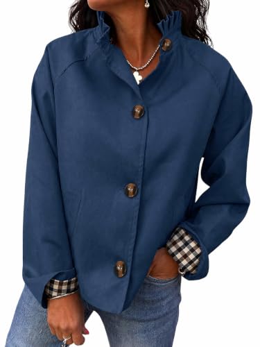Cicy Bell Womens Ruffle Short Trench Coat Single Breasted Cropped Jackets | Stand Collar, Fall Jackets, Outerwear Coats, Button Down, Plaid Cuffs - color: Navy, size: XX-Large