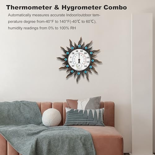 Outdoor Thermometer with Hygrometer, 12.4" Retro Sun Wall-Mounted Decor | Outdoor Waterproof Decor for Patio, Garden, Yard, Balcony, Garage, Indoor Room, Large Easy to Read No Batteries Required