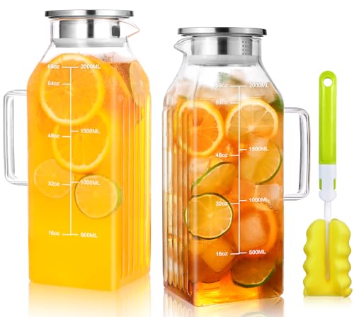 Aofmee 68oz Glass Pitcher with Lid and Handle for Fridge, Clear 2pc | Iced Tea Pitcher for Fridge, Borosilicate Glass Carafe, Sun Tea Jar, Dual Pour Stainless Lid, Dishwasher Safe - color: Clear 2pc
