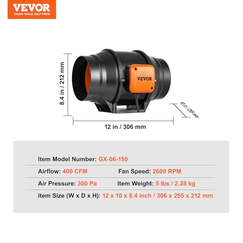 VEVOR Inline Duct Fan, 6-Inch 400 CFM with Variable Speed Controller, Quiet AC-Motor Ventilation Exhaust Fan for Cooling Booster, Grow Tents, Hydroponics - size: 6" Fan & Variable Speed Controller