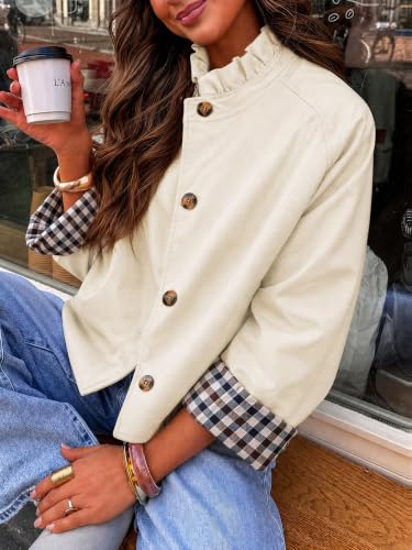 Cicy Bell Womens Ruffle Short Trench Coat Single Breasted Cropped Jackets | Stand Collar, Fall Jackets, Outerwear Coats, Button Down, Plaid Cuffs - color: Apricot, size: XX-Large