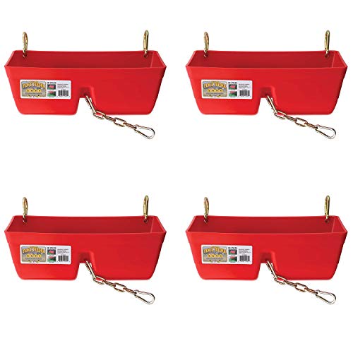 Little Giant FF16RED 9 Quart Heavy Duty Plastic Feed Trough Bucket Fence Feeder with Clips for Livestock & Pets, Red (4 Pack)