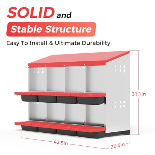 8-Compartment Chicken Nesting Box, Heavy Duty Galvanized Steel Poultry Nest Box, Wall Mount/Freestanding Design for Hens, Ducks, Backyard Homesteads & Farm Use, Red, with Soft Mats, No Stand - color: Red, size: 8 Room&Mat Board