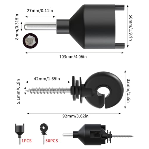 50pk Screw-in Electric Fence Ring Insulators, Wood Post Supplies | UV-Resistant Heavy Duty Plastic; Free Installation Socket Tool; 80% Faster Setup; Fits Polywire Rope Tape; Cattle Horse Sheep