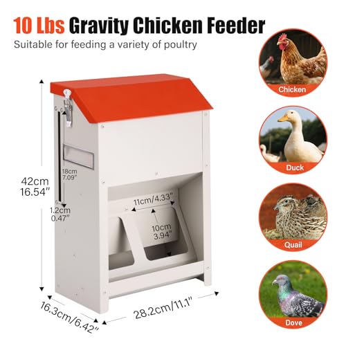 Small Chicken Feeder Gravity Feed Chicken Food Dispenser No Waste | Prevent Waste, Holds 10 Pounds of Feed, 3-4 Hens Can Eat At One Time, For Home Backyard Coop Wall Mount, Space-Saving