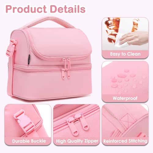 FlowFly Double Decker Cooler Insulated Lunch Bag Large Tote for Boys, Girls, Men, Women, With Adjustable Strap,Pink - color: Pink#All