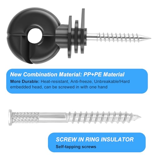 120PCS Electric Fence Insulator Screw,Insulator Fence Ring Post Wood Post Insulator and 1 Pc Insulator Socket Tool(Black)