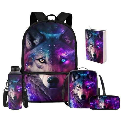 Upetstory Galaxy Wolf Backpack for Girls Boys School Bag with Lunch Box Pencil Purse Kids Schoolbag Elementary Kindergarten Preschool Bookbag Water Bottle Sleeve Book Cover 5 In 1 Set - color: Galaxy Wolf