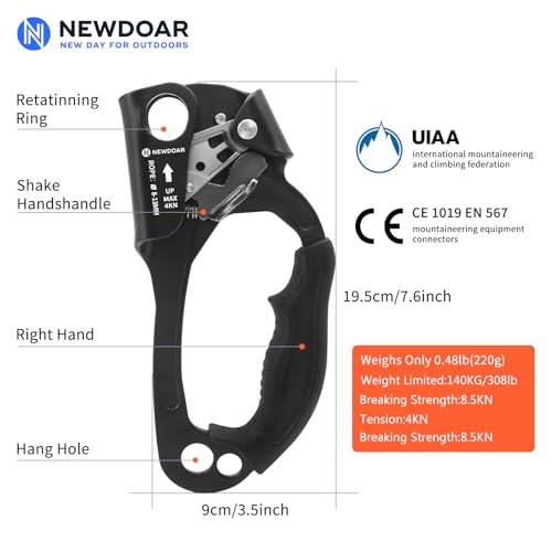 UIAA & CE Certified Hand Ascender Rock Climbing Tree Arborist Rappelling Gear Equipment Rope Clamp for 8~13MM Rope - color: Black Pro-Right