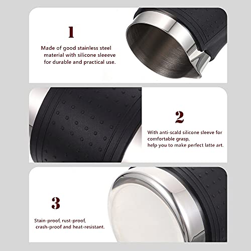 HOMEE Milk Frothing Pitcher 12oz Stainless Steel Steamer Jug Eagle Spout | Espresso Milk pitcher Pitcher With Heat Resistant Silicone Grip Pads, Expresso Machine, Latte Art, Silver
