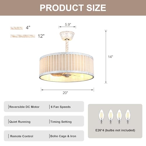 20'' White Boho Ceiling Fan with Lights Remote Caged Fandelier | Small Enclosed Fandalier, Modern Chandelier for Bedroom Nursery Living Room, Reversible 6 Speeds, E26 Bulbs (Not Included) - color: White Cage