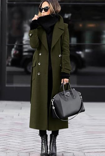 chouyatou Women's Winter Double Breasted Wool Coat Business Casual Long Winter Pea Coat with Belt - color: Army Green, size: XX-Large
