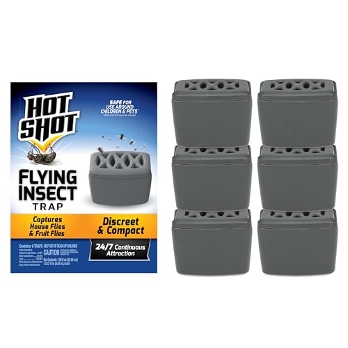 Hot Shot Flying Insect Trap, Attracts & Captures Fruit & House Flies, 6 Ct | 24/7 Continuous Attraction, Discreet & Compact Hassle-Free Trap, Starts Working Immediately, No Plug-In or Electricity Needed