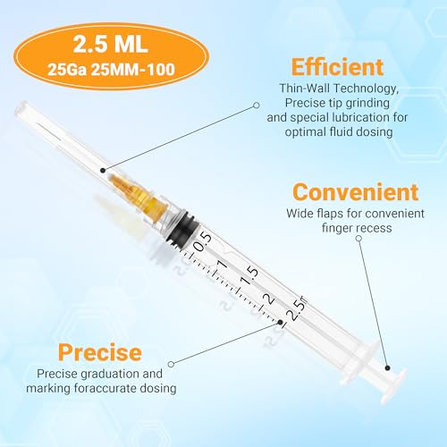 100 Pack 2.5mL/cc 25Ga 1 Inch Disposable Luer Lock Lab Syringes, Individually Sealed Packed - style: 2.5ml-25G 1"