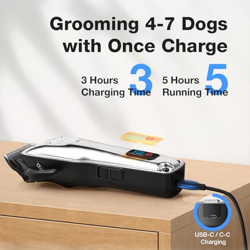 Dog Clippers for Grooming Stainless Steel Blade for Thick Coats | Professional Low Noise Cordless Dog Grooming Clippers Supplies Kit Rechargeable Pet Heavy Hair Trimmer for Dogs Cats Pet
