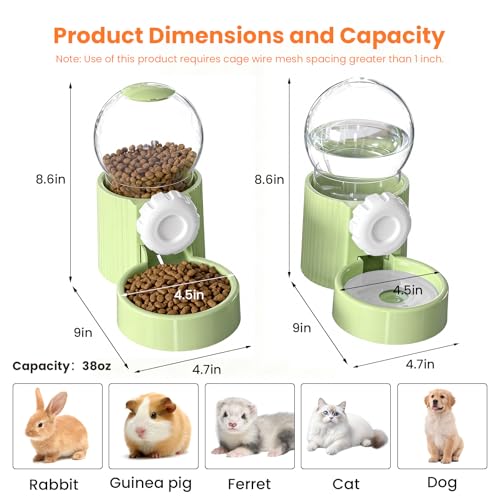 38oz Rabbit Water Dispenser and Feeder Set(Green) | Large Hanging Automatic Food Water Dispenser, for Bunny Guinea Pig Chinchilla Ferret Cage Accessories - color: Green