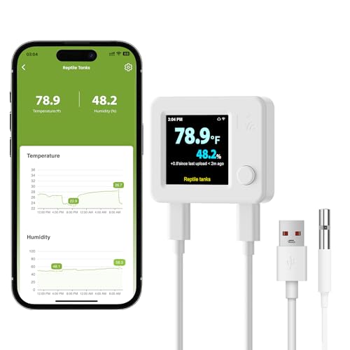 MOCREO WiFi Reptile Thermometer Hygrometer, Waterproof Probe, App Alerts | For terrariums, incubators, greenhouses & humidors; calibrate temp & humidity in app; power-outage & offline alerts; no hub - color: White