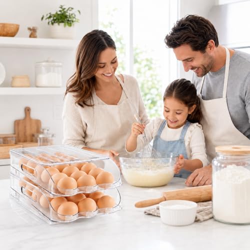 SMRCAD 36-Egg Dispenser with Silicone Bumpers, Auto-Rolling, Stackable | BPA-free food-grade PET | Stackable with lid | Built-in handle | 11.92"L x 8.85"W x 5.4"H | Hand wash only - size: 2 Tier Holder 36 Eggs