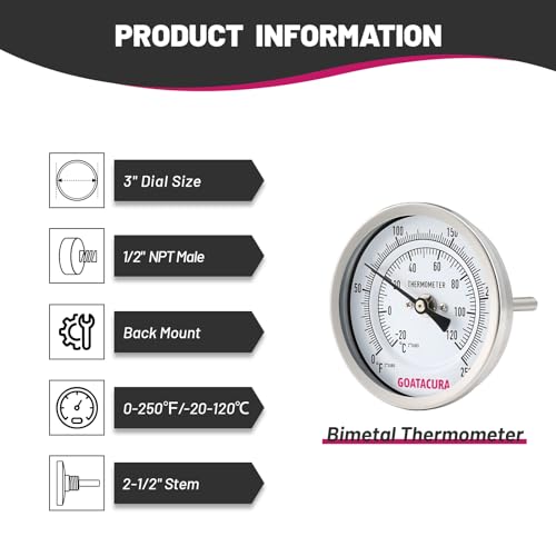 Bimetal Thermometer, Full Stainless Steel, 3" Dial Size, 2-1/2" Stem, 1/2" NPT Back Mount, 0-250 Deg F/-20-120 Deg C, 1% Accuracy - size: L=2.5"