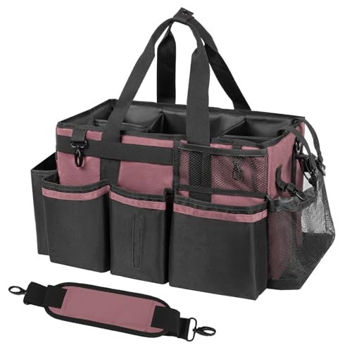 SCAVATA Wearable Cleaning Caddy, Cleaning Caddy Supplies Organizer with Handle & Shoulder Straps for Housekeepers, Under Sink & Car Cleaning Tool Organizers Bag with 4 Foldable Divider (LotusPink) - color: LotusPink