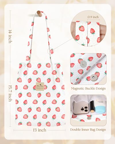 Miss Adola Corduroy Tote Bag for Women with Aesthetic Design | Magnetic Buckle & Pocket, Reusable, Soft, Roomy, Long Shoulder Handles, Double-sided Print, Casual Daily Work, Grocery Bags - color: Strawberry Dots, size: Large