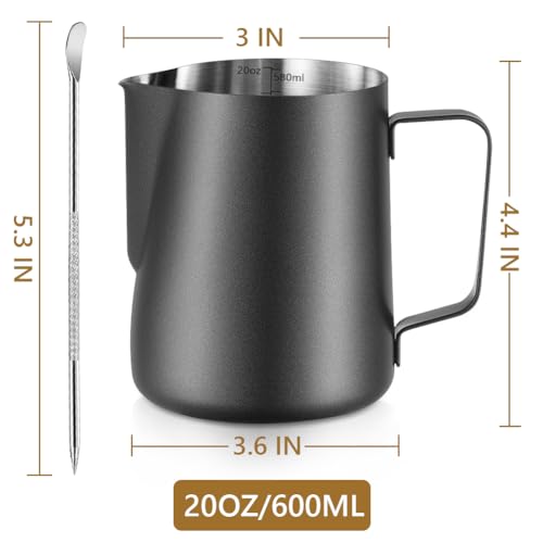 Frothing Milk Pitcher, 20 oz/600 ml Stainless Steel Frothing Milk Jug with Latte Art Pen,with Internal Measurements, for Cappuccino, Espresso and More - color: Black