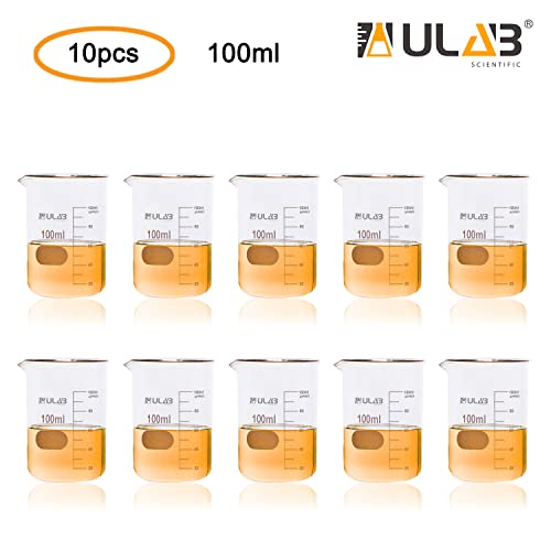 ULAB Scientific Glass Beakers, Vol. 100ml, 3.3 Borosilicate Griffin Low Form with Printed Graduation, Pack of 10, UBG1031 - style: 10pcs of Vol.100ml, Low form