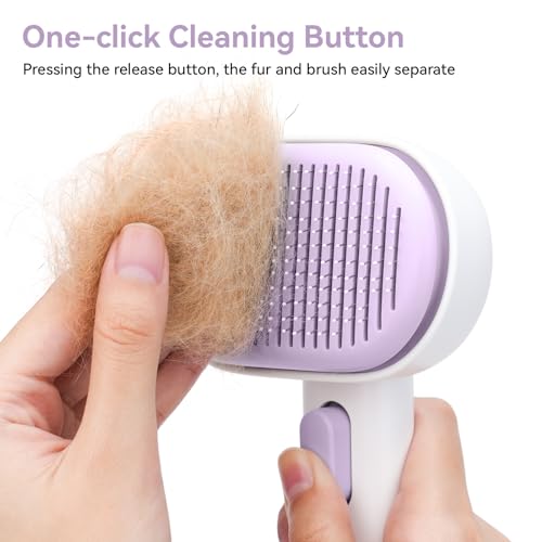 aumuca Cat and Dog Grooming Brush for Shedding, Removes Loose Fur from Long or Short Haired Pets - Ideal for Cats, Kittens, Rabbits, and More - Purple | Self Cleaning Pet Brush for Long or Semi-Short Haired Cats, Removing Loose Fur & Tangles and Massage -