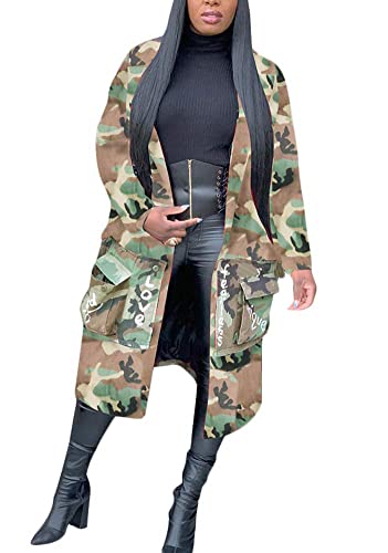 Vakkest Camo Blazer Jacket for Women Lapel Long Sleeve Open Front Cardigan Coat Classic Pockets Overcoat Outwear - color: Green, size: Small