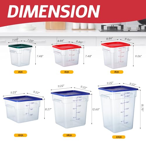 4 Pack 6 Qt Square Polycarbonate Food Storage Containers with Lids | Clear BPA-free PC with lids, side handles, measurement scale and stackable design; for food prep, storage and freezer use. - color: 6Qt