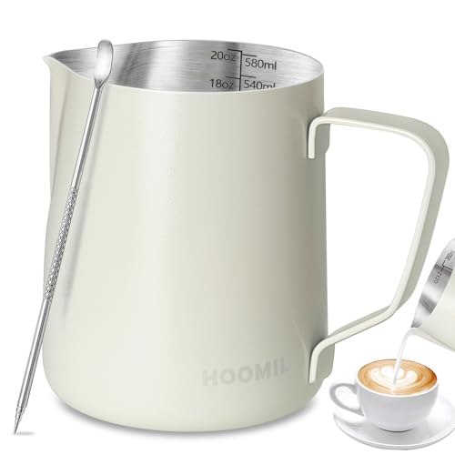 HOOMIL Milk Frothing Pitcher, 12oz/20oz/32oz 304 Stainless Steel | Steaming Pitcher with Clear Scale, Barista Milk Frother Cup Jug for Espresso Machine Coffee Cappuccino Latte Art - 20oz - color: Matte White, size: 20 Ounces