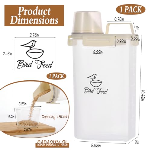 3.17 Qt/3 L Bird Seed Storage Container Airtight- Portable Bird Food Container with Airtight Measuring Cup, Clear Pet Parrot Seed Dispenser for Birds Food Chicken Feed Storage, Beige Lid