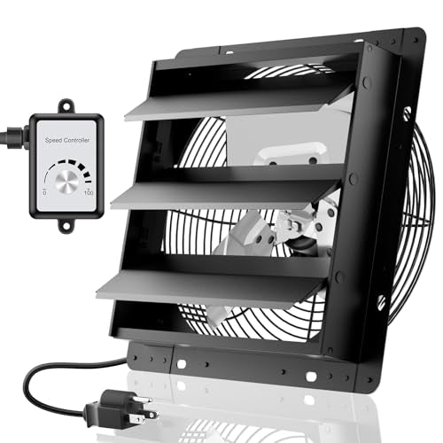 HG Power 12 Inch Attic Fan with Speed Controller, 971 CFM Shutter Exhaust Fan with EC Motor, Wall Mounted Greenhouse Fan for Shed, Basement, Gable, Chicken Coop Ventilation Use, Black - size: 12 Inch w/ Speed Controller