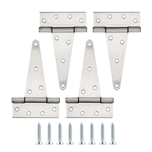 HOME MASTER HARDWARE 6 Inch Stainless Steel Gate Hinges for Wooden Fences Heavy Duty Tee Hinges,Shed Door Hinge,T-Strap Hinge for Outdoor Barns Gate with Screws 4 Pack | T Hinges for Outdoor Wood, Shed and Barn Door, 100LBS Capacity, Rotate 270 Degrees, I