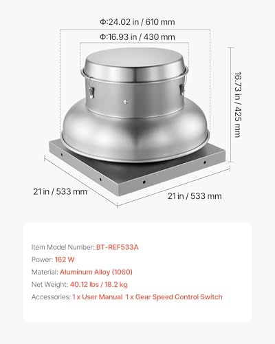 VEVOR Roof Exhaust Fan, 500CFM & 900CFM Adjustable Speed Control Attic Vent Fan with High-Power Motor, 21inch Fan Base Heavy-Duty Aluminum Alloy, Compact for Garage,Kitchen,Bathroom,Silver - size: 500CFM & 900CFM