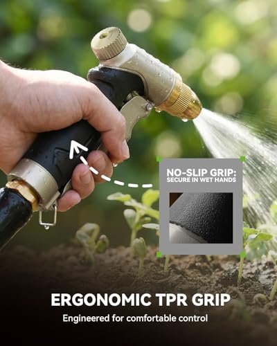 RAINPOINT Garden Hose Nozzle, 100% Heavy Duty Metal Hose Sprayer, High Pressure Water Hose Nozzle with Adjustable Spray Patterns and Flow Control for Watering Plants, Car Washing, Pet Washing,L-Brown - color: Light Brown
