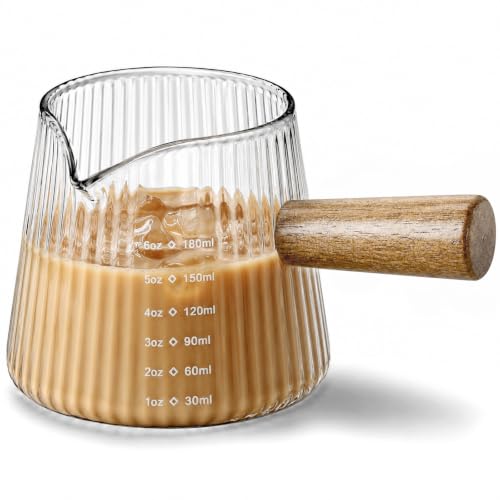 6OZ Espresso Shot Glass Cups Coffee Measuring Cup Coffee Bar Accessories | With wood handle, V-shaped, spout ribbed milk frothing pitcher spouts cup for coffee milk sauce