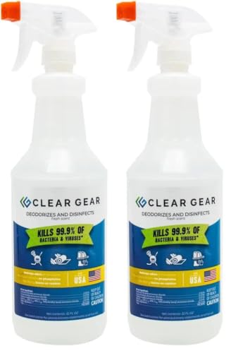 Clear Gear Disinfectant Cleaner, and Deodorizer For Sports Equipment, Gyms, and Fitness Centers - EPA-Registered, Hospital Grade, Made in USA - 2-Pack of 32 Oz Bottle Disinfecting Spray - size: 32 Fl Oz (Pack of 2)