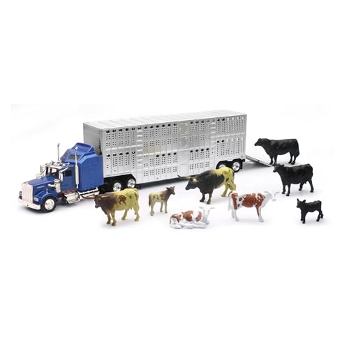 New Ray Country Life 1:43 Livestock Playset – Die-Cast Semi Truck & Trailer with 10 Cattle, Free-Wheeling Farm Vehicles, Opening Rear Door, Ages 8+, Rural Imaginative Play Set
