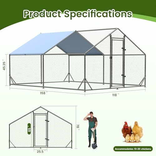 EUNHOO Large Metal Chicken Coop, 13x9.8x6.4ft Walk-in Poultry Enclosure with Peaked Roof and Waterproof Cover, Spacious Outdoor Chicken Run Cage for Backyard,Farm,Yard