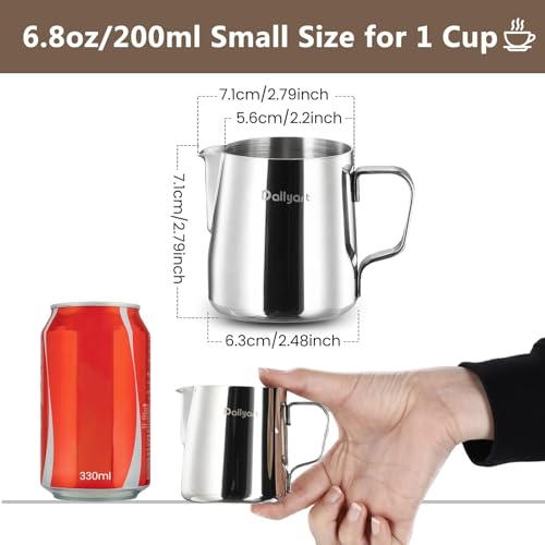 Dailyart Small Milk Frothing Pitcher 6.8oz/200ml Milk Steamer Cup | 304 Stainless Steel Milk Frother Cup with Scale & Special Dripless Spout, Frother Cup Espresso Machine Accessories - size: 6.8 Ounces