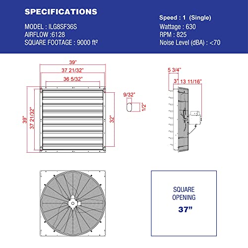Iliving - 36" Wall Mounted Shutter Exhaust Fan - Automatic Shutter - Single Speed - Vent Fan For Home Attic, Shed, or Garage Ventilation, 6128 CFM, 9000 SQF Coverage Area, Silver (ILG8SF36S)