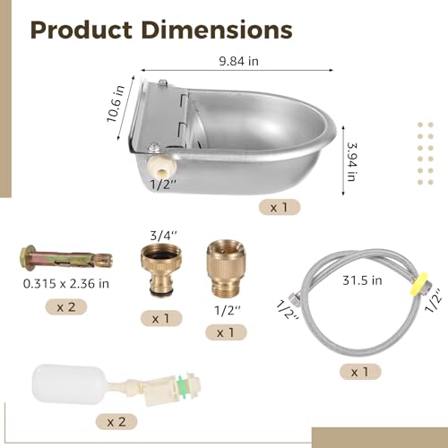 Automatic Animal Drinking Water Bowl, Water Trough 304 Stainless Steel Waterer Kit with Float Valve, 31.5 in Metal Pipe, Ideal Livestock Waterer for Cattle, Poultry, and More