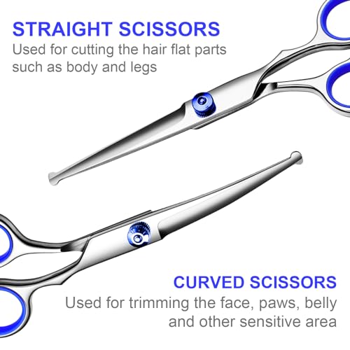 TINMARDA Dog Grooming Kit, Professional Stainless Steel Dog Grooming Scissors with Curved Shears, Blue Finger Rings - 4 Piece Sharp Durable Pet Shears for Dogs Cats At Home Salon-Quality Grooming - color: Blue, size: 4 Piece
