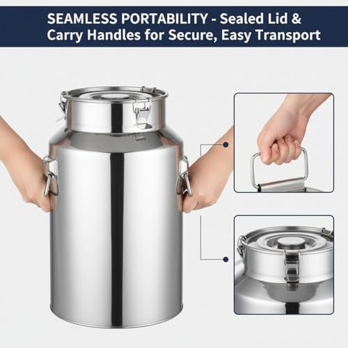 Stainless Steel Milk Can, 5L Milk Bucket with Sealed Lid Milk Jug Large Capacity Stainless Steel Bucket Metal Pail with Lid,Ice Buckets Tote Jug for Milk, Wine, Water, Gray