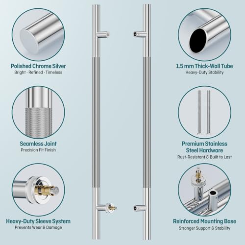Ranbo 48" Knurled Door Pull Handle, 36"(914mm) CTC, Polished Chrome | Heavy Duty 1.5mm 304 Stainless Steel, Back to Back Pull Handles for Interior/Front /Barn/Commercial/Entrances, Enhanced Grip - size: 48 Inch